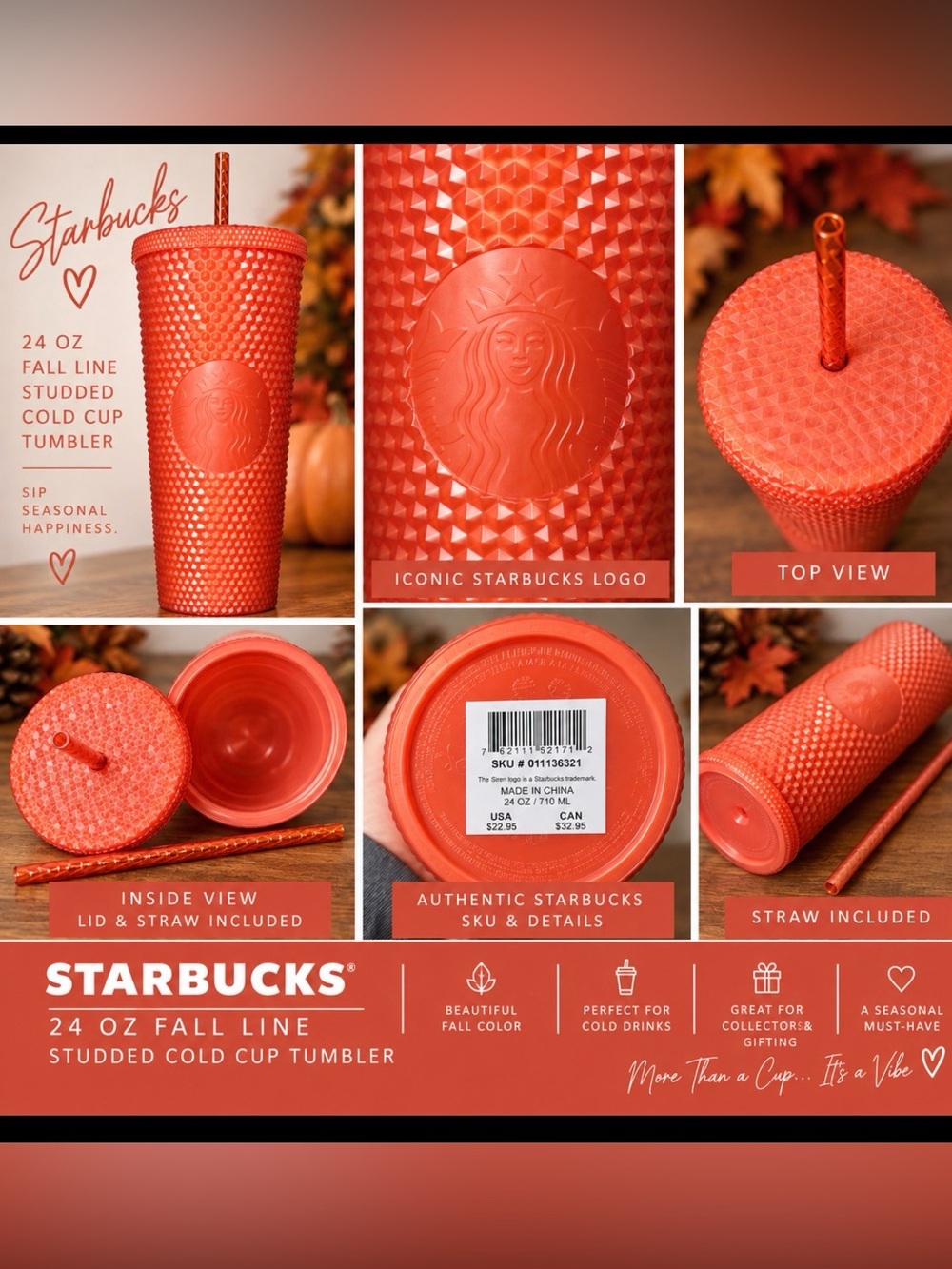 Starbucks Fall Orange Textured Studded Cold Cup with Straw